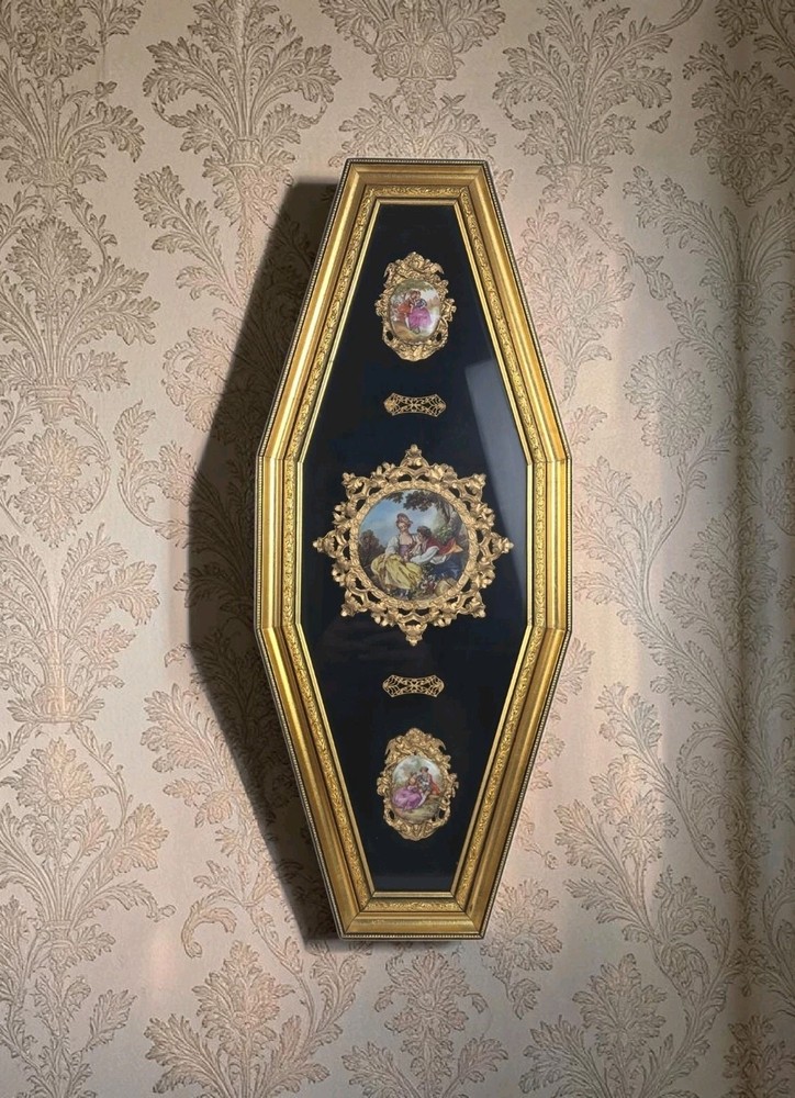 Vtg 26″ Gilt Shadow Box Frame Limoges Porcelain Painted Courting Couple Wall Art