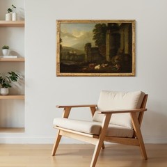 Antique landscape artwork bucolic painting oil canvas ruins 17th century