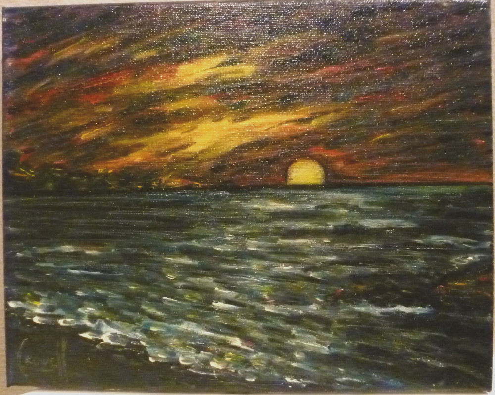 RED SUN AT SPARROW’S COVE 8×10 vintage oil painting canvas signed by CROWELL