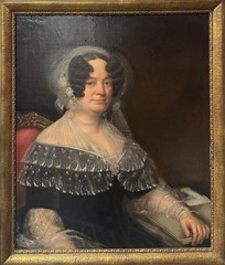 Victorian School Portrait Lady Black Dress Bonnet Oil Painting Antique c.1840