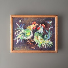 FIGHTING COCK CHICKEN PORTRAIT ROOSTER PAINTING THICK TEXTURE FINE ART SIGNED