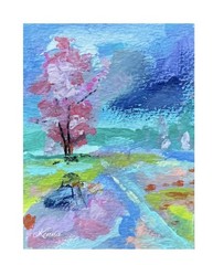 Aceo By Kenna Painting Landscape Pink Tree 2.5” X 3.5” Signed Original