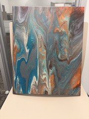 Abstract Fluid Art Painting on Canvas – Blue Gray Copper Tones Unframed