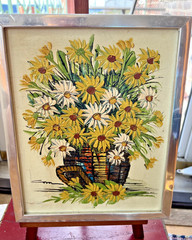 VTG Mid Century Floral Oil Painting Daisies Vase Flower Power Signed Framed CUTE