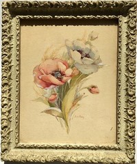 Pair Doris Perry Floral Flower Watercolor Painting Signed Art Noveau Gesso Frame