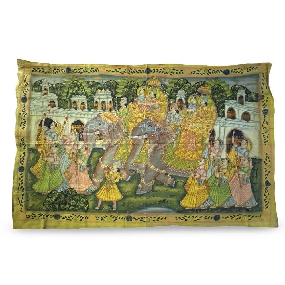 Vintage Antique Indian Mural Painting Cloth Linen Silk Royal Procession Elephant