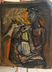 Nelson Dominguez T :Hombre y perro 118x92cm mixta/ canvas firmada dos veces ..
