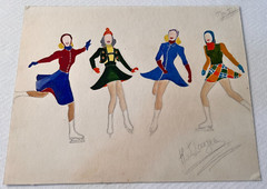 Watercolor Ladies Skating Fashion Designs 1940s Artist Original 11″ X 14″