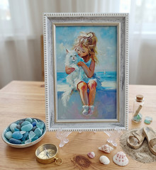 Girl White Cat Original Oil Painting 4×6 Framed Signed Cute Kitten Beach Art