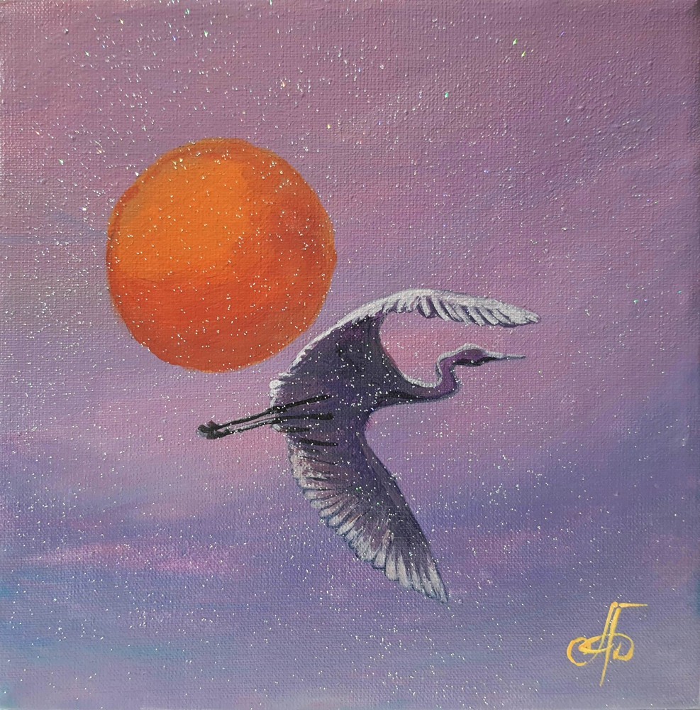 Original Acrylic Bird Painting Crane Sunset Impressionist Landscape Canvas Art