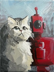 Original 8×10 Cat Robot Painting Whimsical Animal Art Acrylic Canvas