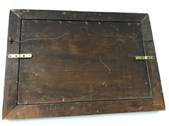 Antique Folk Art Oil/Wood Panel Blacksmith With Town in Background