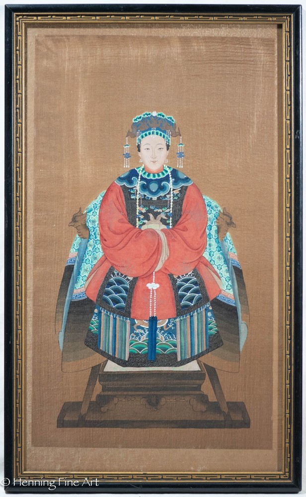 Vintage Chinese Scroll Painting of Empress Ancestor on Throne Chair Frame 26×16″