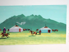MONGOLIAN YURTS HORSE NOMAD CAMP ORIGINAL WATERCOLOR ON PAPER PAINTING SIGNED