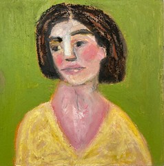 6×6 Original Oil Portrait Painting Green Yellow Expressive Emotional Miz Katie