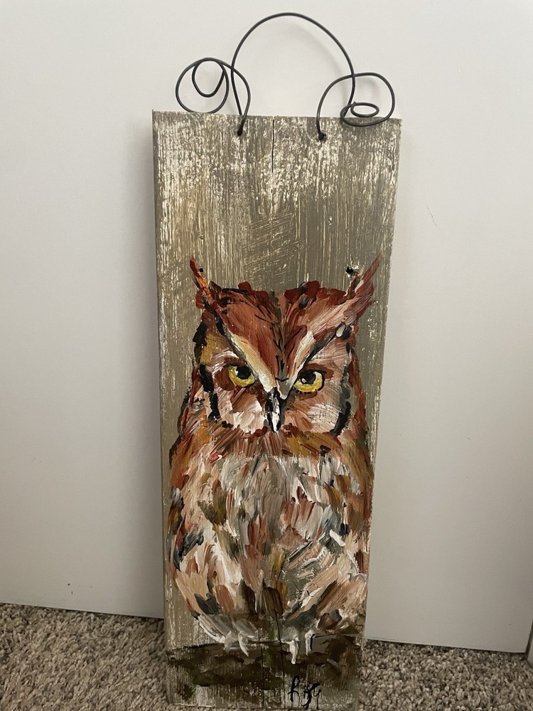 Owl Handpaint On Reclaimed Barn Wood Wall Art Rustic Signed 15.25×5.5”
