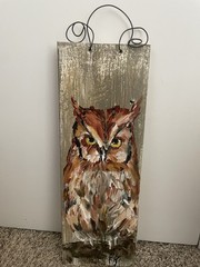 Owl Handpaint On Reclaimed Barn Wood Wall Art Rustic Signed 15.25×5.5”