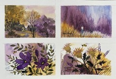 7X10” Original Watercolor Pamela Wilhelm 4-paintings Ea 2.75×4.25” Yellow Purple