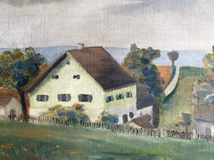 Oil Painting Houses At Sea Coast Monogram Antique Frame Nature Landscape Acre