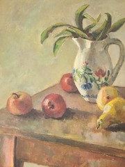 Vintage 1960’s Moody Still Life Oil Painting Apples & Pears on a Farmhouse Table