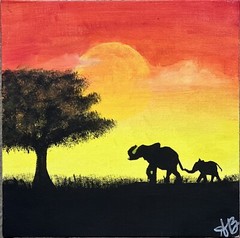 African Sunset Oil Painting With Elephants Original Signed Vintage