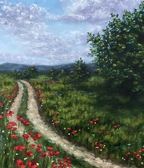 Original Country Path Oil Painting Poppy Meadow Flowers Rural Field Wall Art