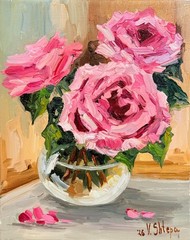 Pink Roses Flowers Painting Original Floral Oil Impasto Art Signed 8×10 in