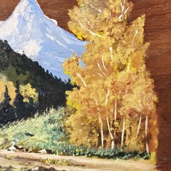 VTG Hand Painted Art on Board Wood Framed Fall Autumn Mountain Cottage USA 8.5″