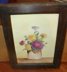 Folk Art Oil on Canvas Flowers in Pot Signed MK Framed 15 1/4 X 12