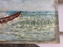 Vtg Folk Nautical Oil on Board Lifeboat in Surf – Crew in Oilskins & Souwesters