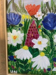 Bright Colored “Flower Meadow” Acrylic Painting Signed Gold Framed Wall Art