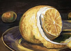 Original gouache painting „Lemon Still Life“, Dutch still life, A4 format.