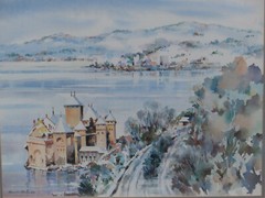 Large Howard Noel Watson w/c Painting Chillon Castle African American PA Artist