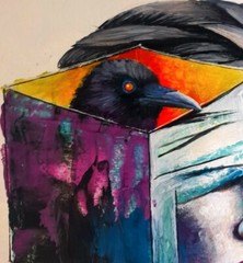 „Connected“ – Original Art Surreal Painting Veiled Figure with Black Raven – A5