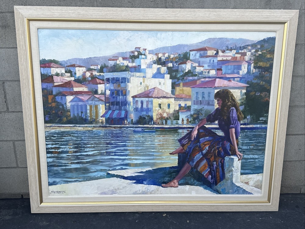 Original Huge HOWARD BEHRENS Oil Painting Grecian Harbor Estate Fresh