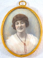Miniature Lady Portrait Painting in Gilded Frame & Trifold Leather Display Case