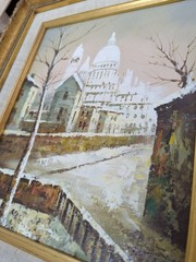 Vintage Oil Painting Of Snowy European Street With Ornate Gold Frame