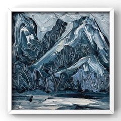 Navy Blue Nordic Mountain Forest Winter Landscape Painting Abstract Norway Art