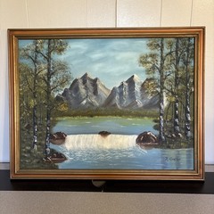 Original Oil Painting Depicting Mountains Tree’s Waterfall 26 1/2 x 21″ Framed