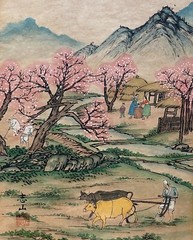 19th Century Antique Korean Spring Blossom Farmer Ox Portrait Landscape Painting