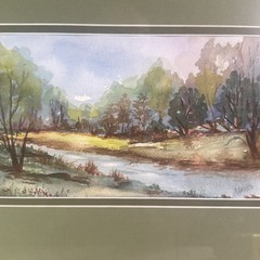 Trees In Stream By Artist Mavis Fender Watercolor Signed