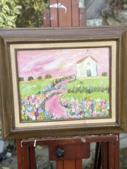 Original Art Flowers Landscape Church Impressionism Signed Painting Pink Clouds