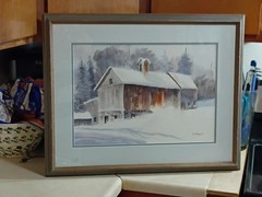 Painting of barn covered snow fine art watercolor landscape painting (original)