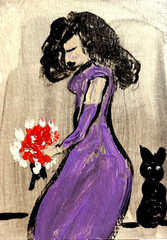 ORIGINAL ACEO PAINTING WOMAN CAT BLACK KITTEN Miniature Card By Carole Collins