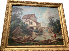 18th Century ANTIQUE Oil Painting Francois BOUCHER Figures Watermill GILT FRAME