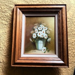Vtg Wood Framed Painting With Linen Liner White Daisies In Basket Signed 13”x15”