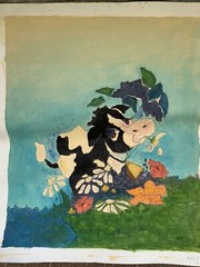 Vintage Oil Painting Cow Flowers Animal Portrait Cartoon Style Nursery Children
