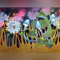ORIGINAL Mushrooms Painting art Gold accent Fantasy Whimsical Surreal Artwork