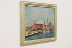 Harbor & Boats Antique Original Oil Painting, Miller 32.5″ #51894