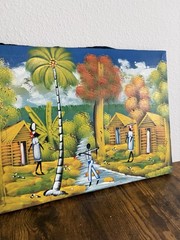 Signed Haitian Folk Art Village Landscape Painting 16 x 12 Colorful Naive